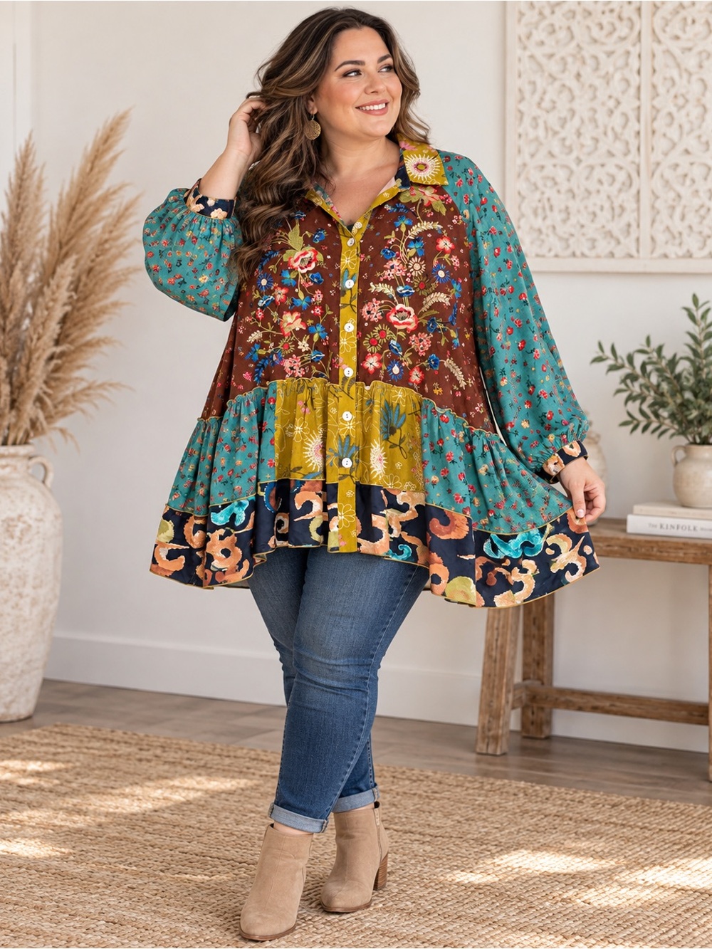 John Mark 3X Embroidered Patchwork Boho Tunic Blouse